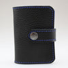 Elegant Black leather card wallet to keep cards secure. Hand-crafted from British full-grain leather,  two-toned for striking effect. Hardware in nickel Lined in soft blue leather made by Sam Brown London Wiltshire UK