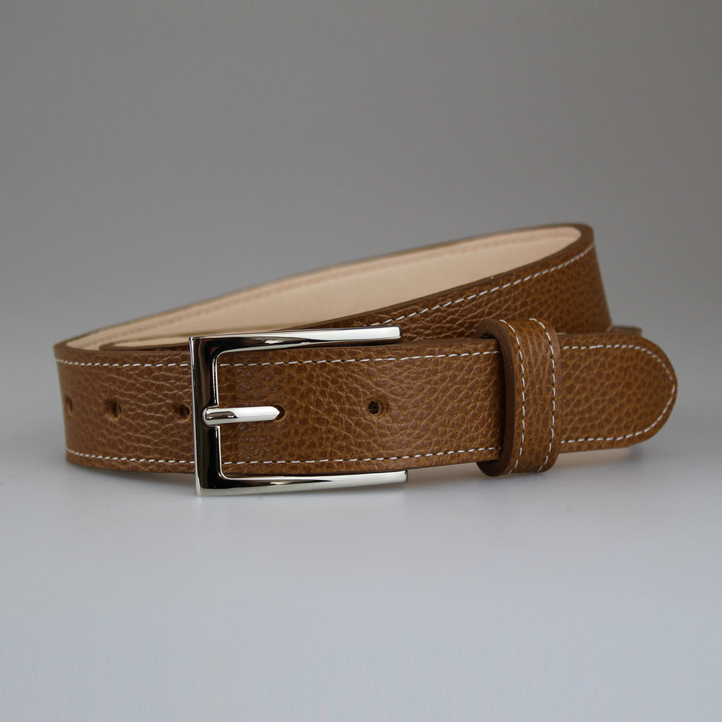 Beautiful_rich_tan_handmade fully_lined-calf_belt_with contrast_ivory_stitch & nickel_slimline_buckle made in England by @SAMBROWNLONDON