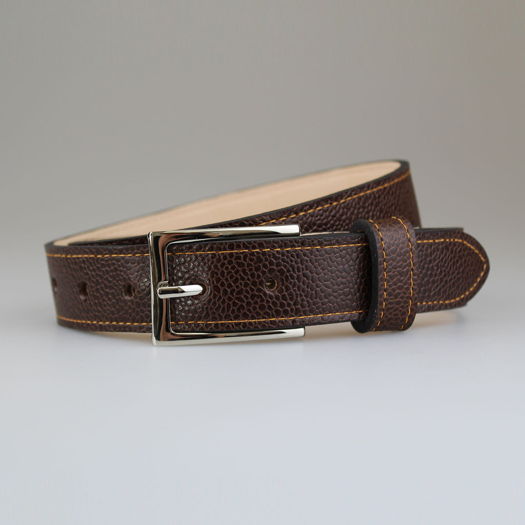 Beautiful_rich_brown_handmade fully_lined-calf_belt_with contrast_yelloe_stitch & nickel_slimline_buckle made in England by @SAMBROWNLONDON