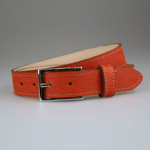 Beautiful_orange_handmade fully_lined-calf_belt_with contrast_ivory_stitch & nickel_slimline_buckle made in England by @SAMBROWNLONDON
