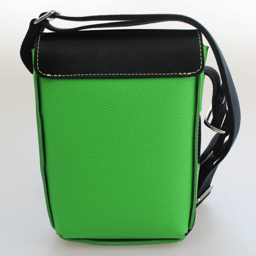 Compact Traveller Bag in Black & Green Box Calf Leather with Ivory Stitch detail.