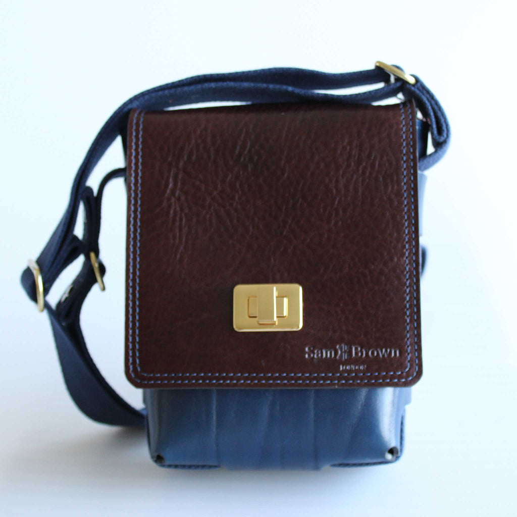 Compact Traveller Bag in Blue and Brown Leather with Blue Stitch Detail