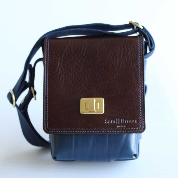 Compact Traveller Bag in Blue and Brown Leather with Blue Stitch Detail
