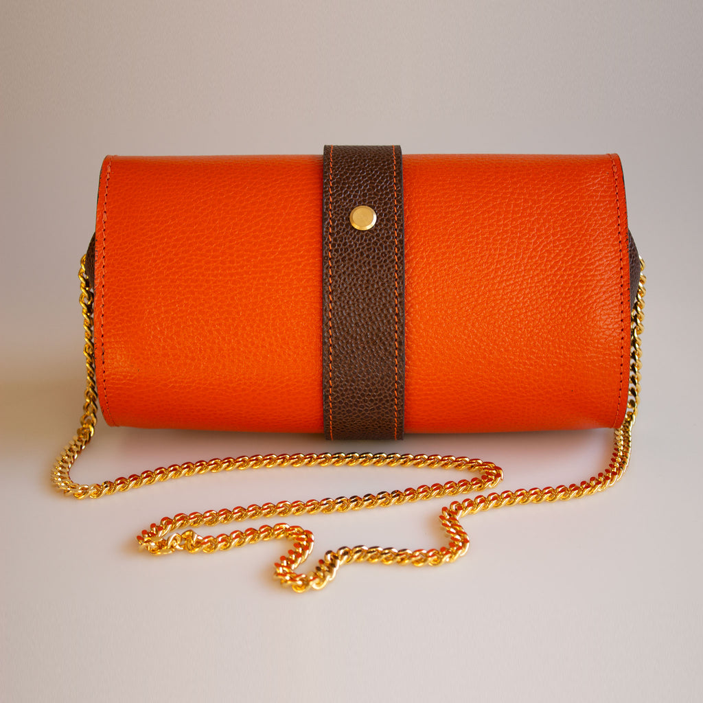 The Chelsea Clutch in Orange & Brown Grained Leather