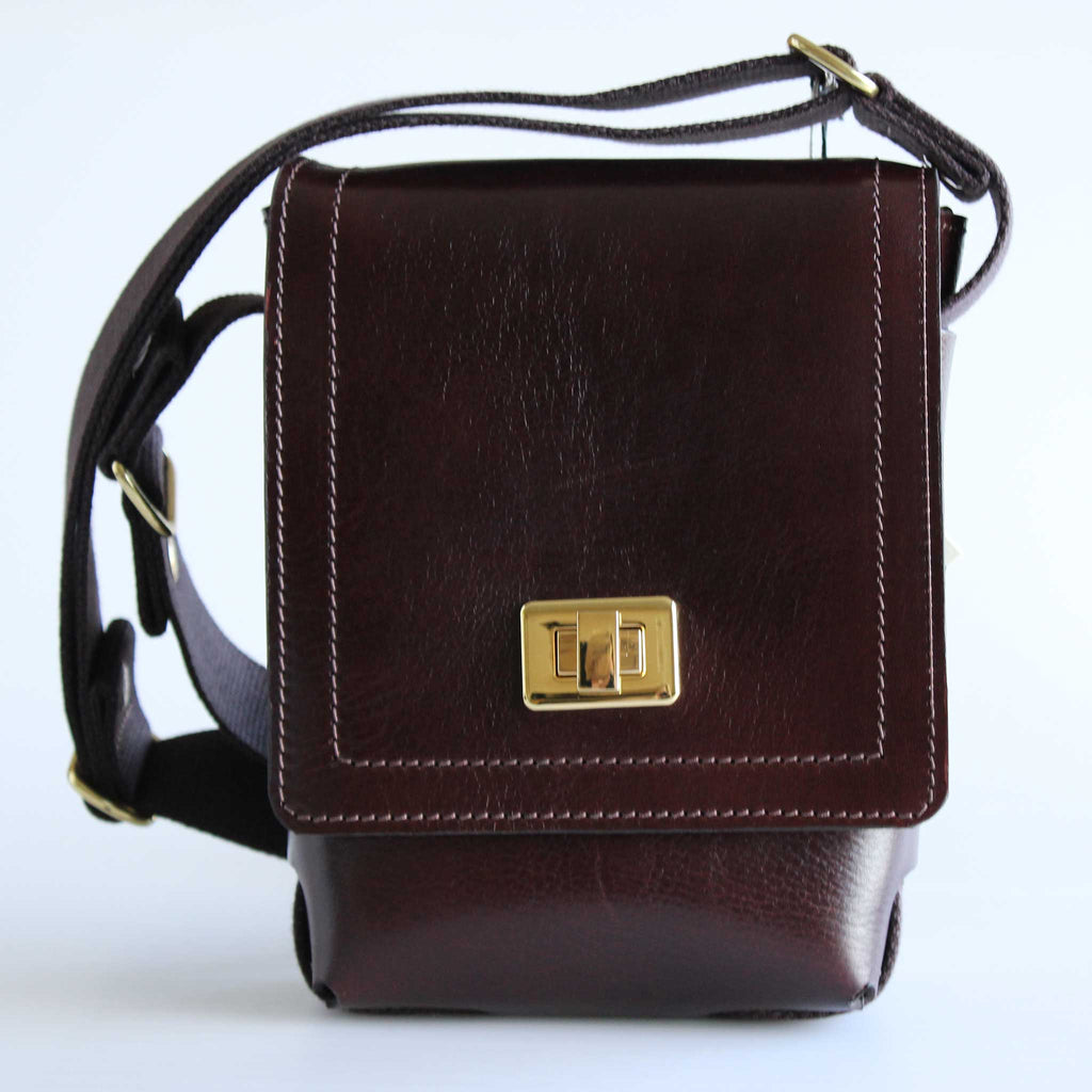 Brown leather crossbody bag with a gold clasp on a white background