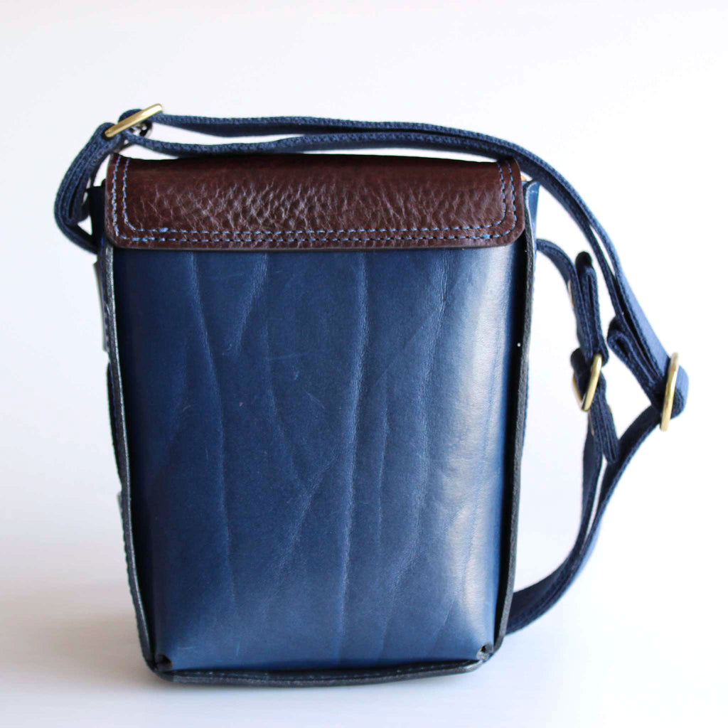 Compact Traveller Bag in Blue and Brown Leather with Blue Stitch Detail