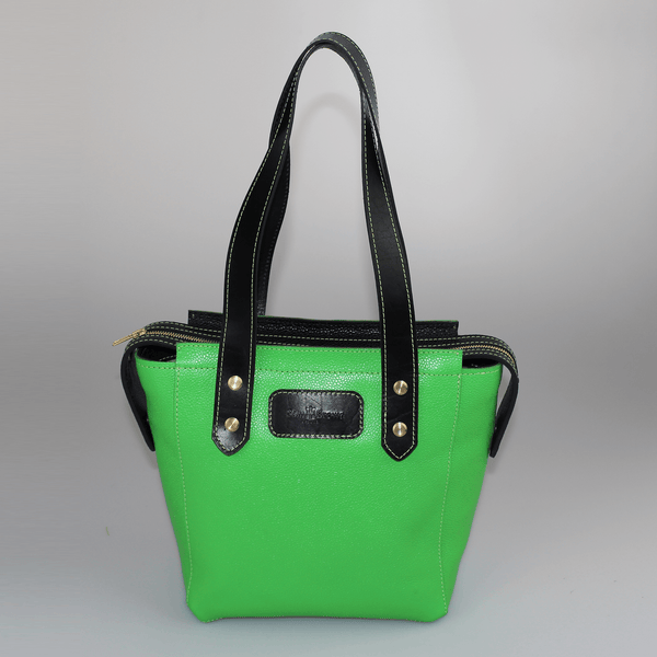 black leather trim_lime_green_body_tote_bag_made_by_sam-brown-london, England UK
