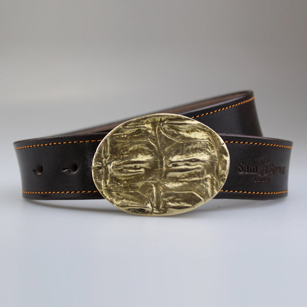 Beautiful Croc pattern oval buckle in solid brass with rich brown English bridle leather  strap with yellow stitch made to order by Sam Brown London in Wiltshire UK