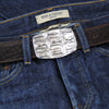Silver plate oblong croc western style buckle looks very sexy on blue jeans. 
