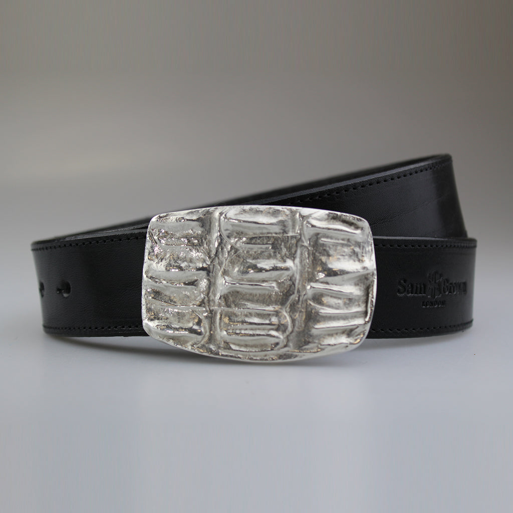 Beautiful Croc pattern oblong buckle silver plated on solid brass with black English bridle leather  strap with BLACK stiitch made to order by Sam Brown London in Wiltshire UK