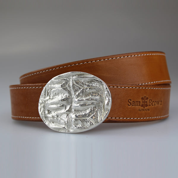 Beautiful English  tan bridle leather with ivory stiitch and silver plated on brass oval buckle made to order by Sam Brown London in Wiltshire UK