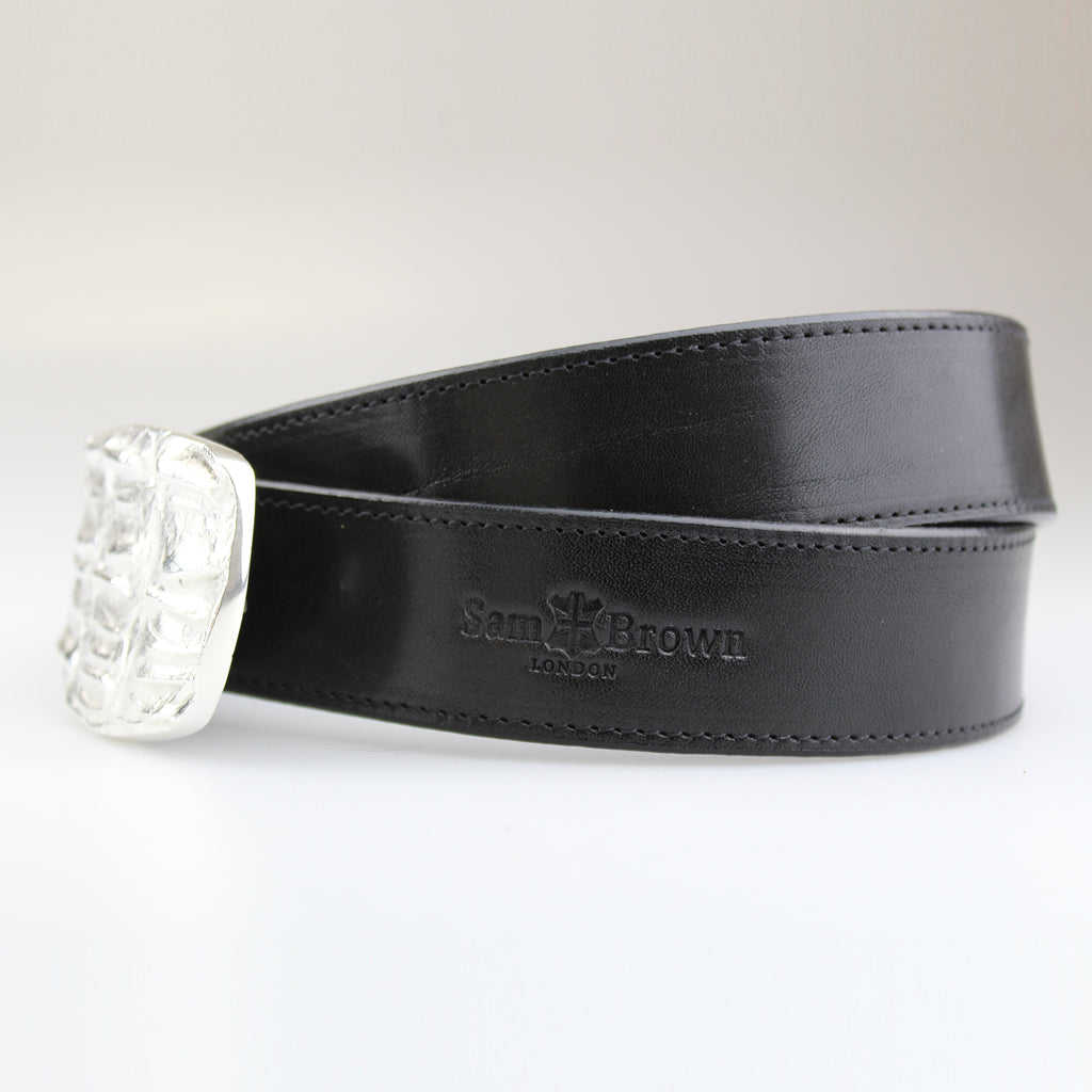 side view Beautiful Croc pattern oblong buckle silver plated on solid brass with black English bridle leather  strap with BLACK stiitch made to order by Sam Brown London in Wiltshire UK
