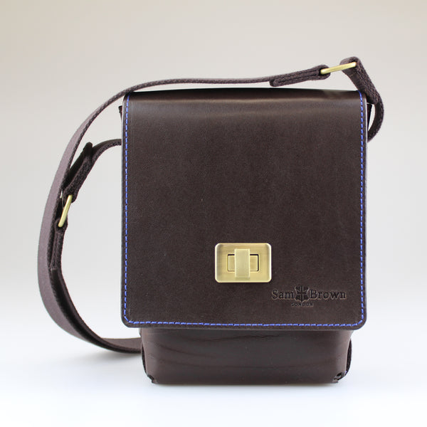 Dark-brown-English-bridal-leather-with-brushed-brass-turnlockAcross body Bag Made by Sam Brown London Wiltshire UK