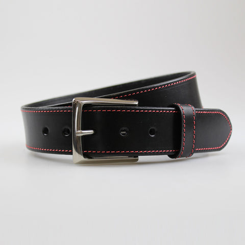 Stitched Black Leather Belt with red Thread with Polished Nickel Buckle 40mm Width made BY Sam Brown London