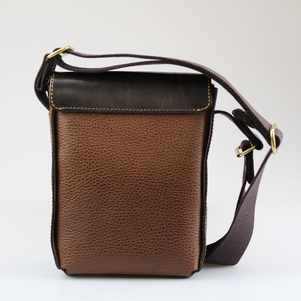 Compact Traveller Bag in Brown & Nut Box Calf Leather with Gold Stitch detail.