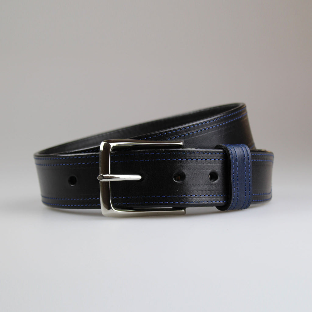 Black leather belt with twin blue stitch with Sterling Silver buckle made by Sam Brown London in made in England 