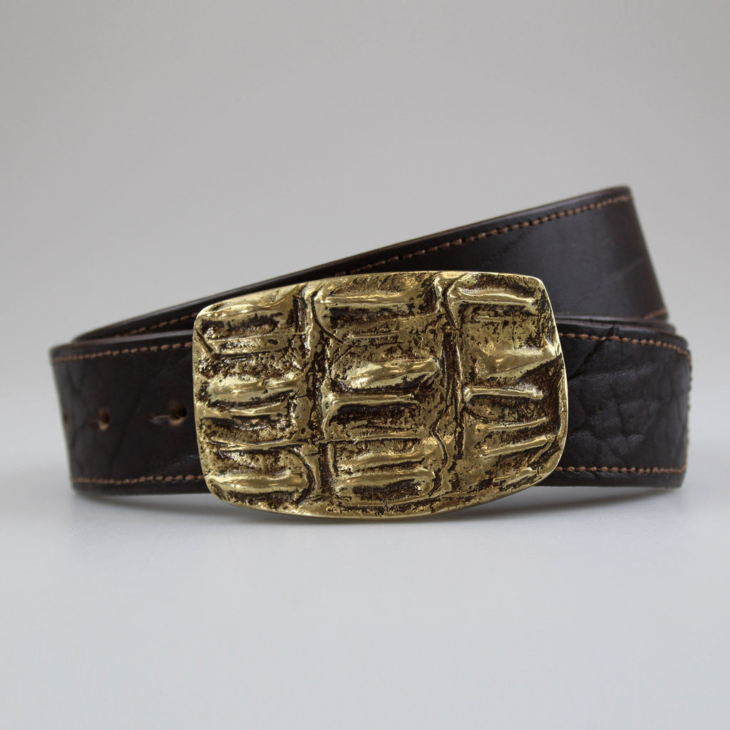 This Western Style belt is made from full substance 4mm thick British bridle leather with brown stitching detail. The buckle is  solid brass made-by-sam-brown-london