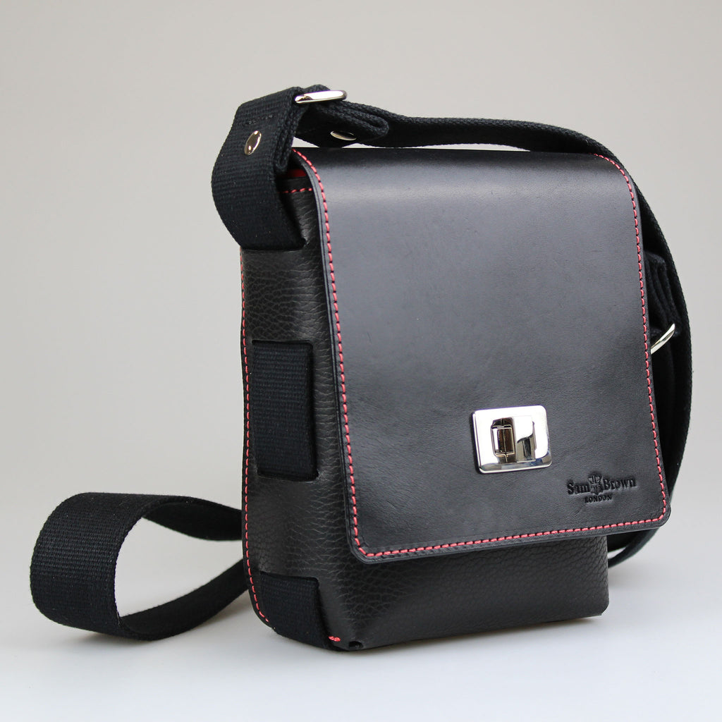 Compact Traveller Leather Bag in Black with Red Stitch & Red Suede Lining