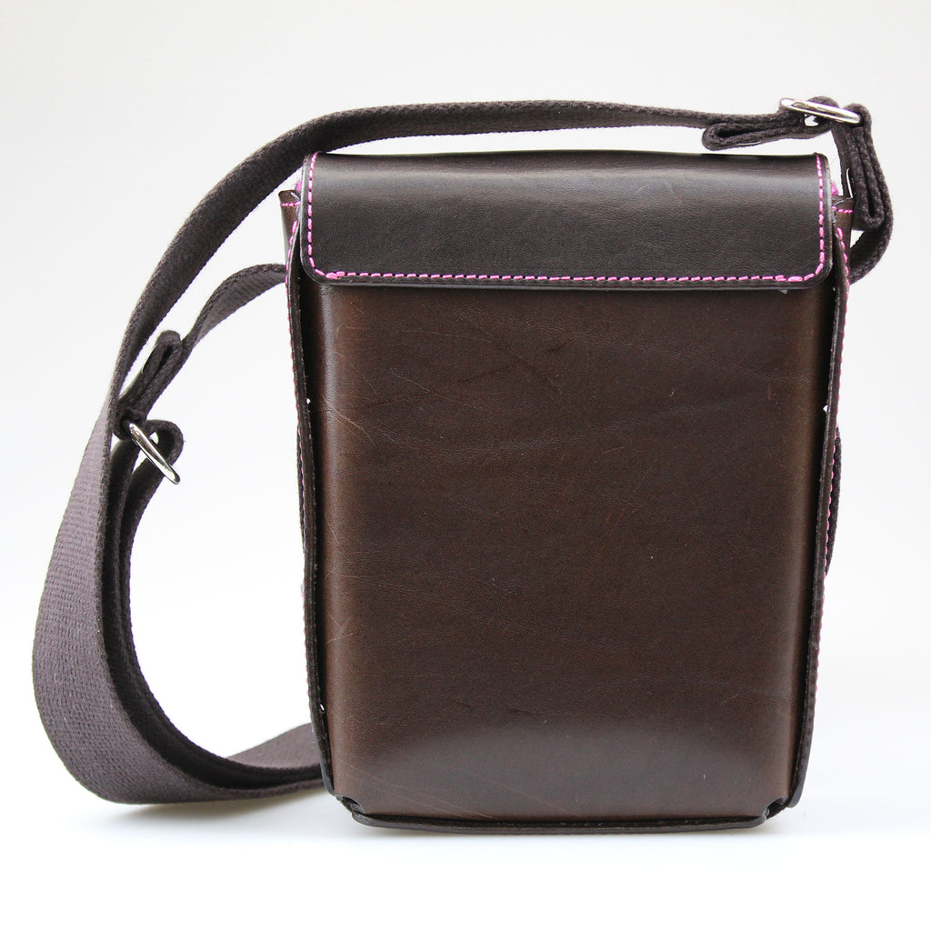 Compact Traveller Leather Bag in Brown with Pink Stitch & Pink Lining