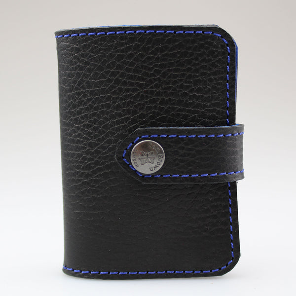 Elegant Black leather card wallet to keep cards secure. Hand-crafted from British full-grain leather,  two-toned for striking effect. Hardware in nickel Lined in soft blue leather made by Sam Brown London Wiltshire UK