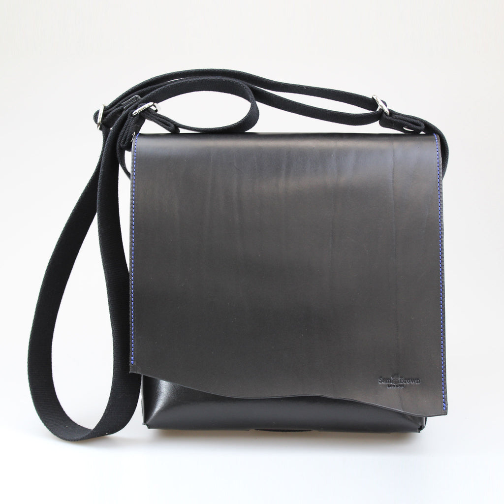 Our Black-Soho-Bag with Raw Edge finish is pleasing to the eye and practical as a 'hands free' across body bag.  Made by-hand-by-Sam-Brown-London