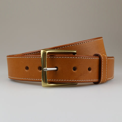 Stitched Tan Leather Belt with Cream Thread & Polished Brass Buckle 40mm Width