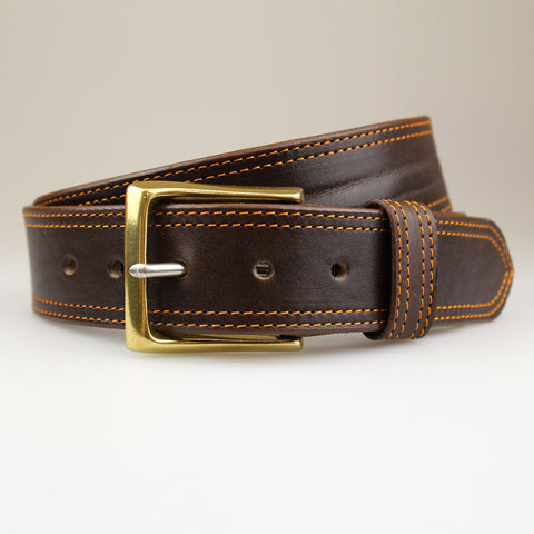 Brown british leather belt with twin yellow stitch  with brass buckle made in Wiltshire UK Sam Brown London