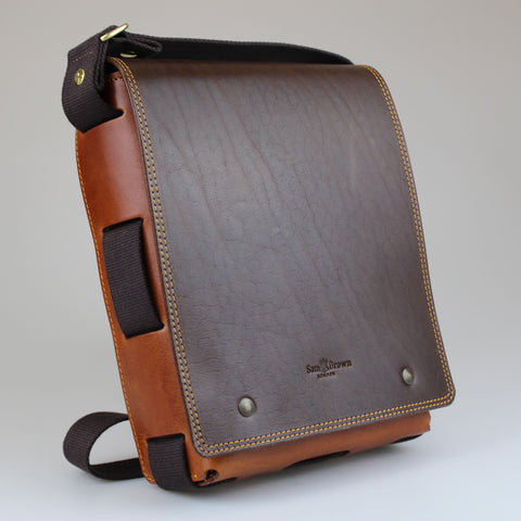 Brown & Cognac leather across body bag with magnetic clasps Made by Sam Brown London