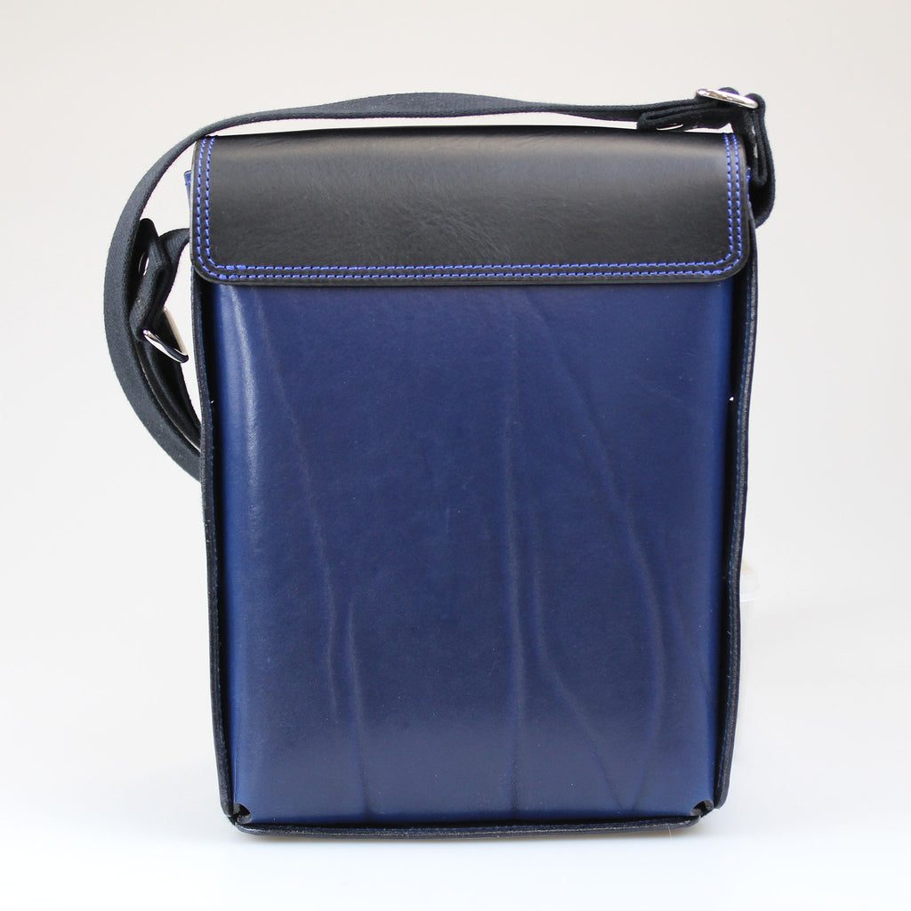 Back of Black & blue 'Cartridge' bag all in veg tan full grain leather. Sam Brown London UK