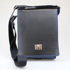 Long black flap over blue bag all in veg tan full grain leather with nickel  turnlock. Sam Brown London UK