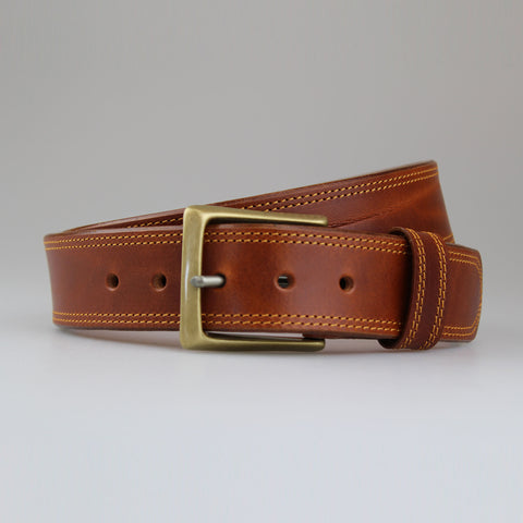 Stitched Cognac Leather Belt with Twin Yellow Thread with Vintage Brass Buckle Made in Wiltshire UK by Sam Brown London