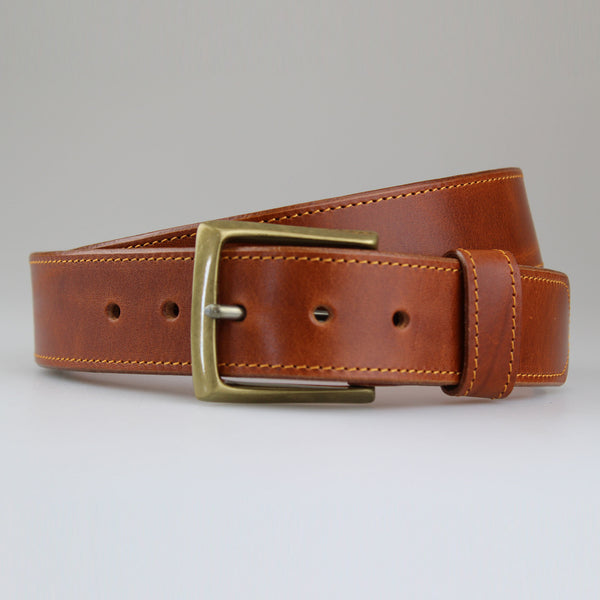 Stitched Cognac Full Grain Leather Belt with Yellow Thread with Vintage Brass Buckle