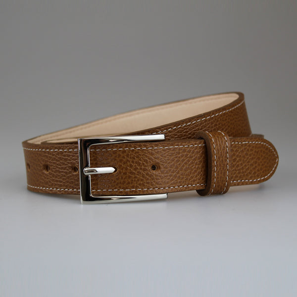 Beautiful_rich_tan_handmade fully_lined-calf_belt_with contrast_ivory_stitch & nickel_slimline_buckle made in England by @SAMBROWNLONDON