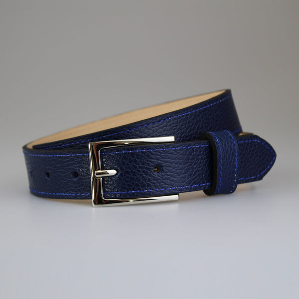 Beautiful_blue_handmade fully_lined-calf_belt_with contrast_blue_stitch & nickel_slimline_buckle made in England by @SAMBROWNLONDON 