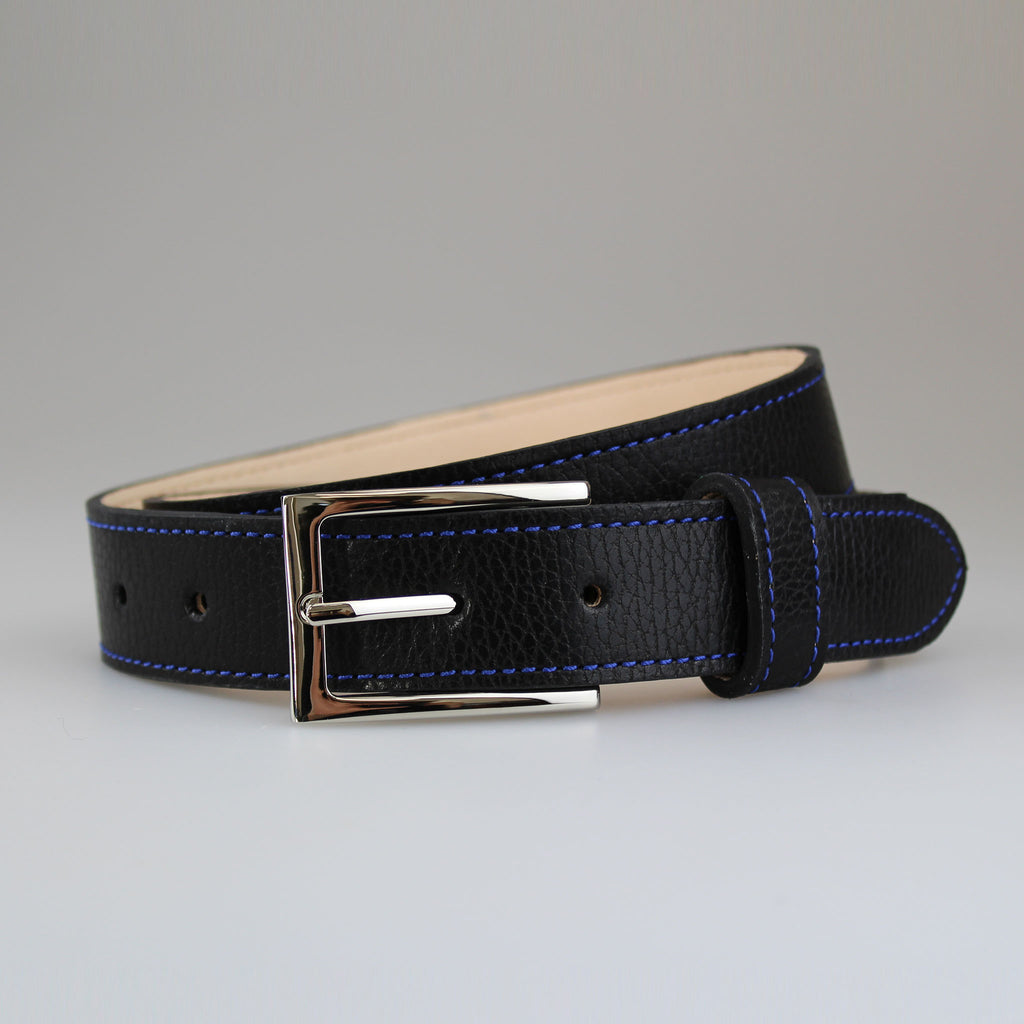 Fully lined calf leather belt _ Black leather with blue stitch_ streamlined buckle Made by Sam Brown London in England