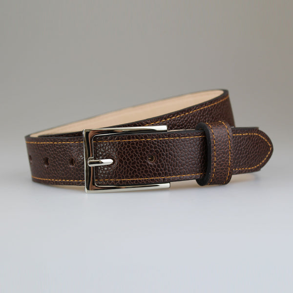 Beautiful_rich_brown_handmade fully_lined-calf_belt_with contrast_yelloe_stitch & nickel_slimline_buckle made in England by @SAMBROWNLONDON 