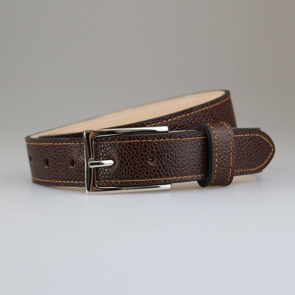 Beautiful_rich_brown_handmade fully_lined-calf_belt_with contrast_yelloe_stitch & nickel_slimline_buckle made in England by @SAMBROWNLONDON