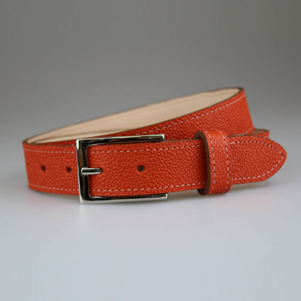 Beautiful_orange_handmade fully_lined-calf_belt_with contrast_ivory_stitch & nickel_slimline_buckle made in England by @SAMBROWNLONDON