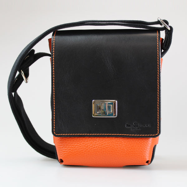 The-compact-traveller-bag orange-hermes-leather with black-bridle-leather with nickel-fixings-made-by-Sam-Brown-London England