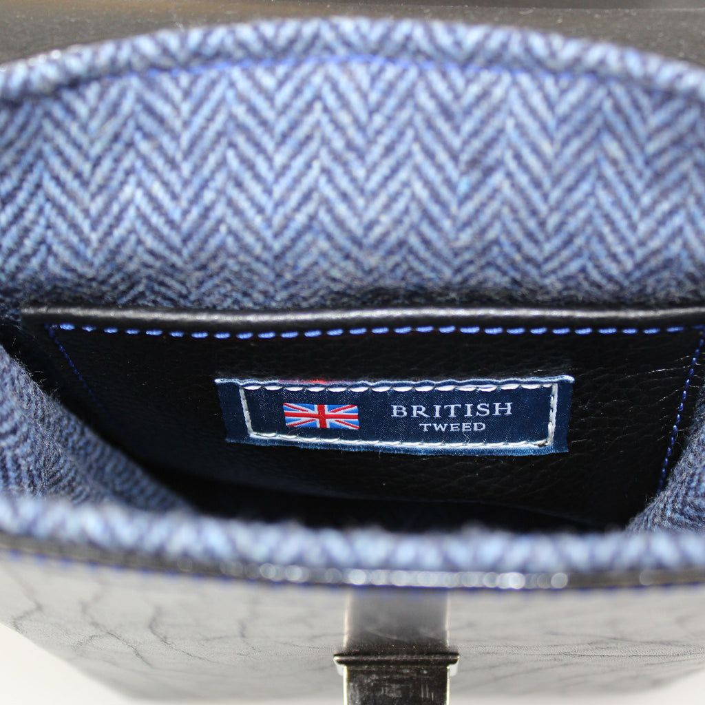 The Compact Traveller Bag-British-made-BY sAM-Brown-London-lined-blue-British-tweed-MADE-IN-Wiltshire UK