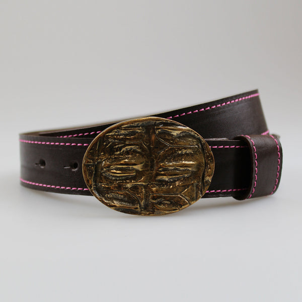 Western Style cROC buckle Brown Leather Belt with Pink Stitch Oval-solid-Brass Buckle 32mm Width