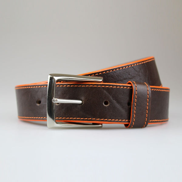 Handcrafted by Sam Brown London leather belt with hand painted orange edge & orange stitch detail