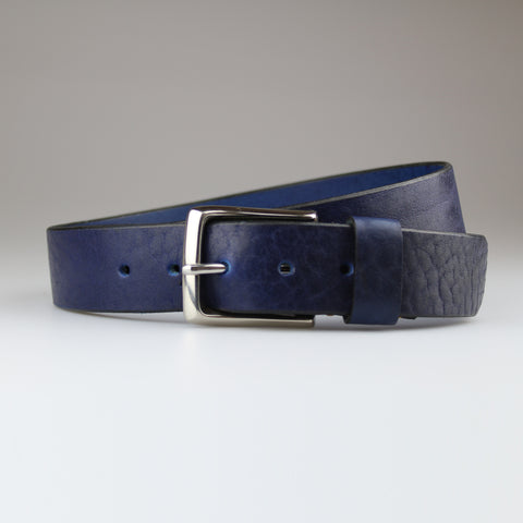 Veg tan Blue jean belt in sustainable English bridle leather made by hand in Wiltshire UK
