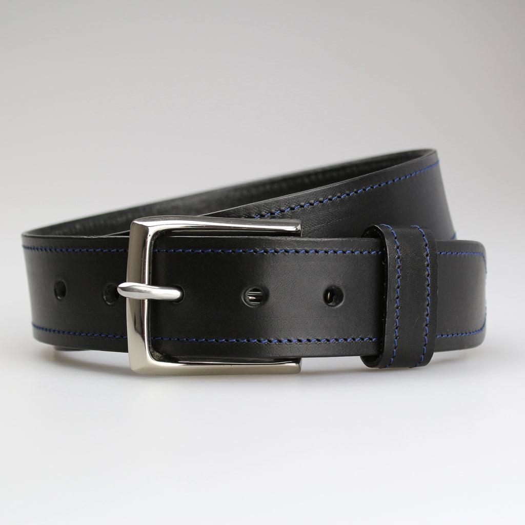 Sam Brown London hand-stitched contrast stitching collection Black English bridle leather blue thread