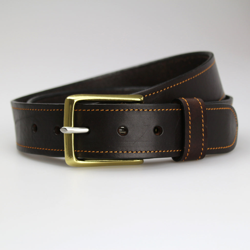 Stitched Dark Brown Leather Belt with Yellow Thread & Polished Brass B ...
