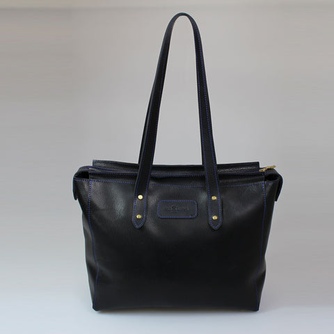 cLASSIC_TOTE_bag_Black_100%_leather_with_blue_stiching_Sam-Brown_London UK