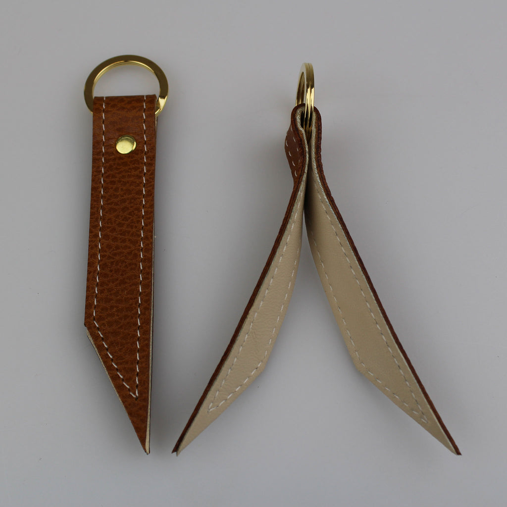 Beautiful duo colour Tan & Ivory lined British full grain leather Keyring hand made  by Sam Brown London made in Wiltshire UK