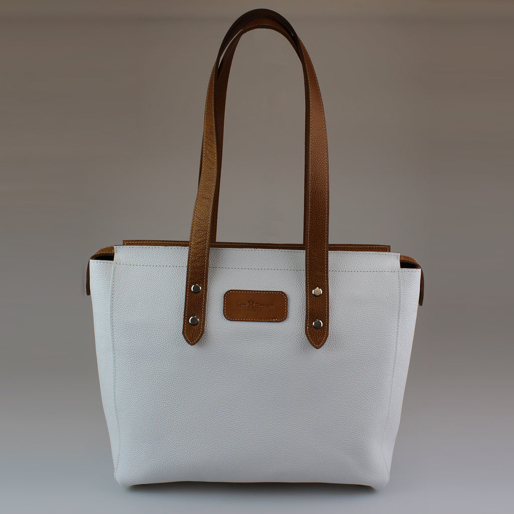 classic-tote-White-calf-grain-tan-handles. Made by Sam Brown London England with Silver nickle fixings