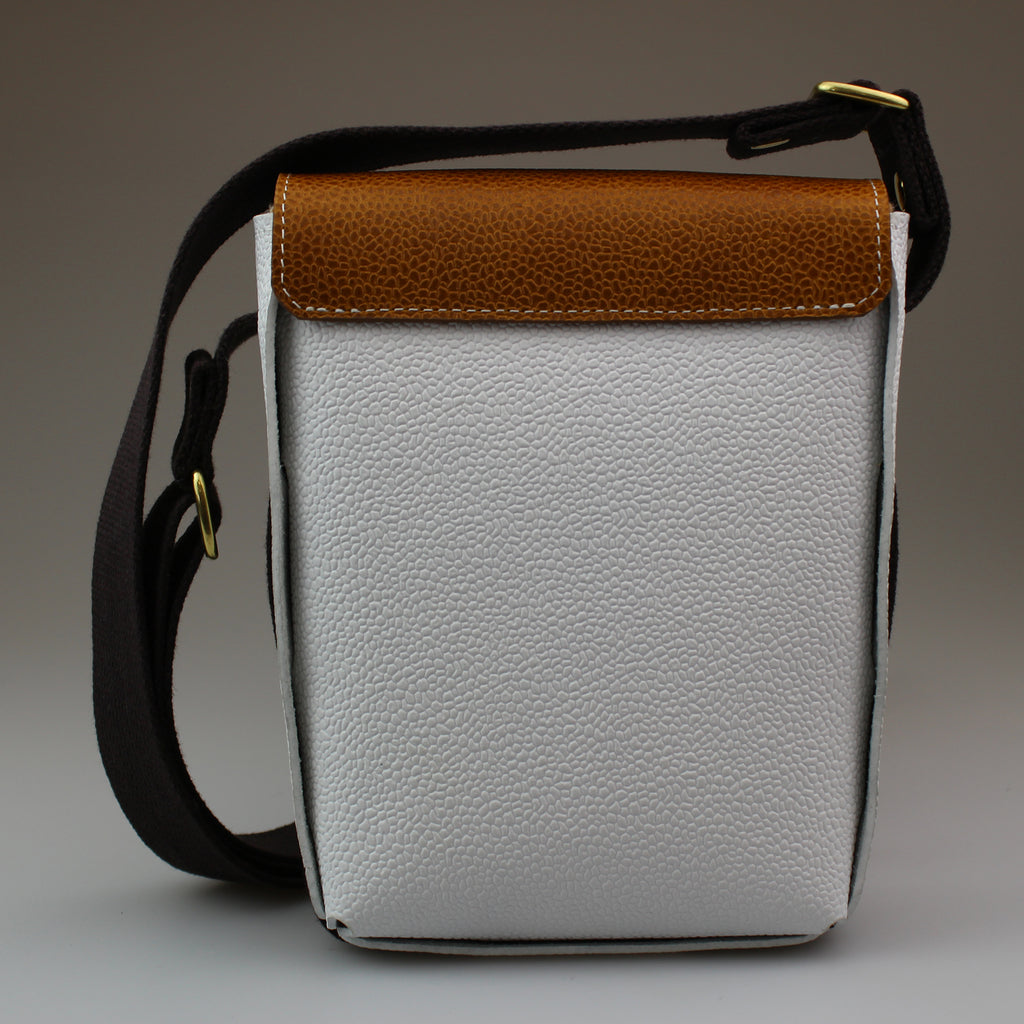Compact Traveller Bag in White & Tan Box Calf Leather with Ivory Stitch detail.