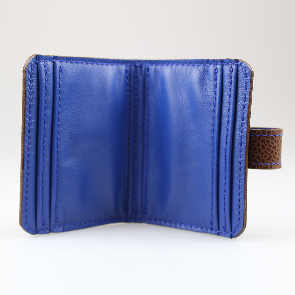 Brown Card Holder Wallet with-soft-leather- Blue lining & stitch detail